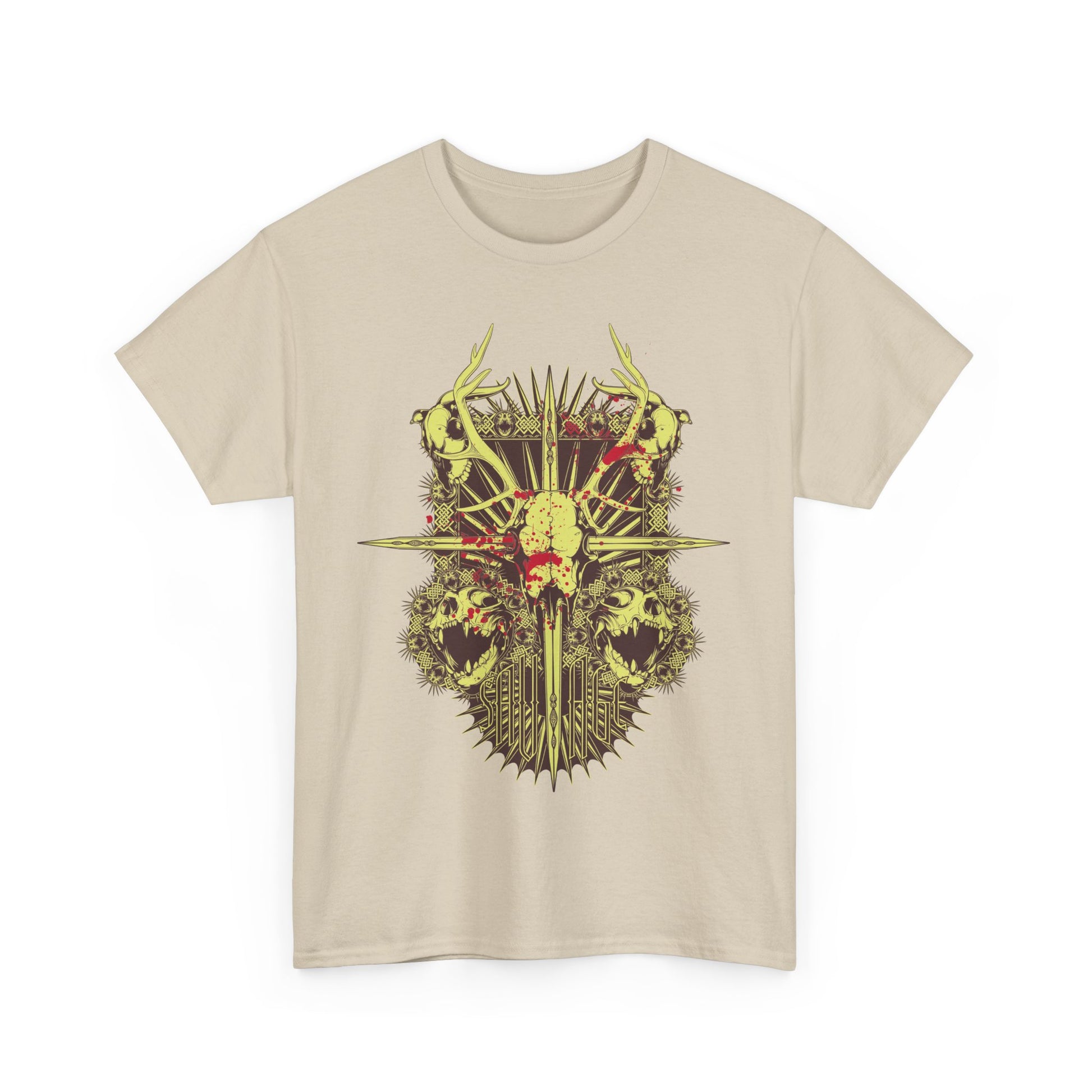 Elegant men's t-shirt featuring a captivating artistic design of a skull with antlers, set on a soft beige background, embodying a blend of mystique and modern style.