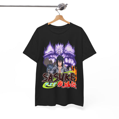 Elegant hanging display of a black Sasuke graphic tee showcasing intricate design elements with iconic anime characters, ideal for stylish anime fans.