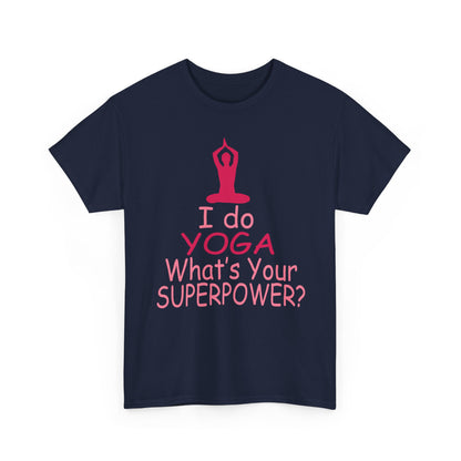 Stylish front view of a navy blue T-shirt embellished with an inspiring yoga graphic and vibrant text, designed for empowered women.