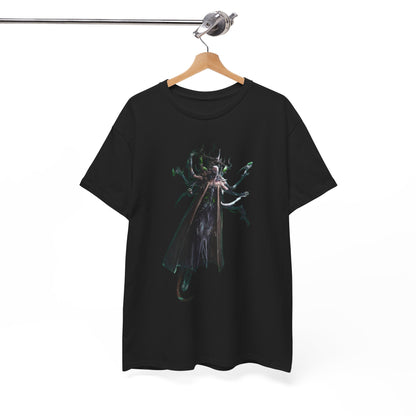 Stylish black t-shirt hanging on a wooden hanger, displaying a captivating graphic design of a fantasy creature, ideal for urban fashion enthusiasts.