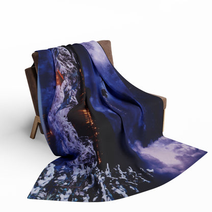 Decorative and Warm Christmas Arctic Fleece Blanket draped elegantly over a chair, highlighting its exquisite design and cozy appeal, perfect for festive gatherings and winter evenings.