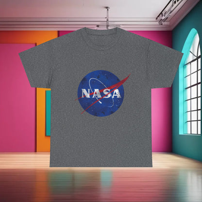 Urban NASA Logo Graphic T-Shirt in 100% Cotton - Unisex Casual Wear for Street Style Enthusiasts represented on a sophisticated heather grey T-shirt adorned with the renowned NASA logo.