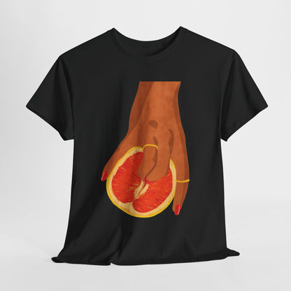 Vibrant Grapefruit Womens Graphic T-Shirt Urban Cotton Tee presented in a chic black design, showcasing an artistic depiction of a hand grasping a lively grapefruit slice with exquisite red nails.