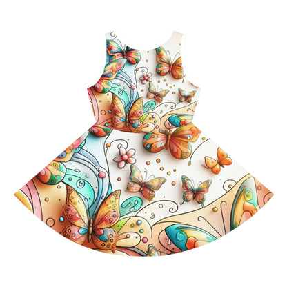 Close-up of the stunning butterfly motifs on the Sophia Buttonwell Girls Summer Sundress, a Dazzling Dreams Studio creation, embodying comfort and playful charm.
