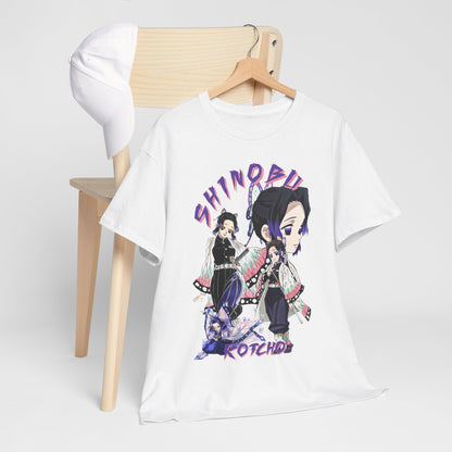 Chic white anime T-shirt displaying Shinobu Kocho alongside a stylish cap on a wooden chair, perfect for casual elegance.
