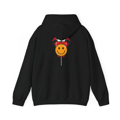 Sophisticated black hoodie adorned with a vibrant graphic of red lips and a smiley lollipop, merging playful elegance and style.