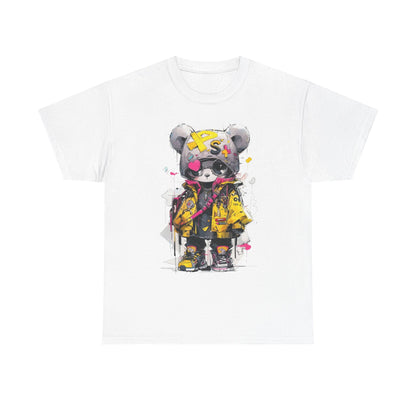 Luxury men's t-shirt featuring an exclusive and stylish urban panda bear character, dressed in vibrant streetwear with a bold yellow bomber jacket and oversized accessories.