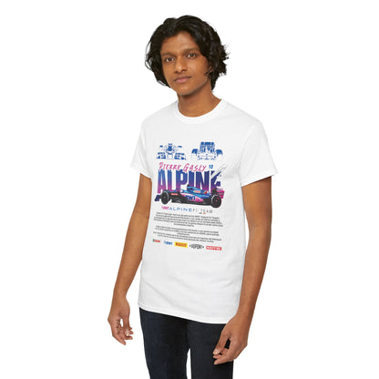 Another male model displaying the Alpine F1 Team men's T-shirt, emphasising the vibrant design and high-quality fabrication ideal for motorsport fans.