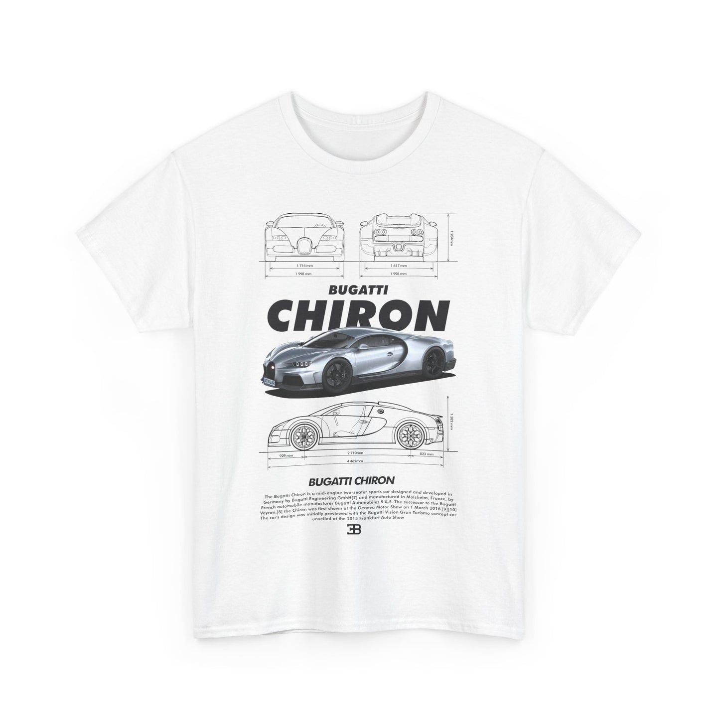 Exclusive Bugatti Chiron graphic men's t-shirt in white, showcasing intricate car designs and bold branding.