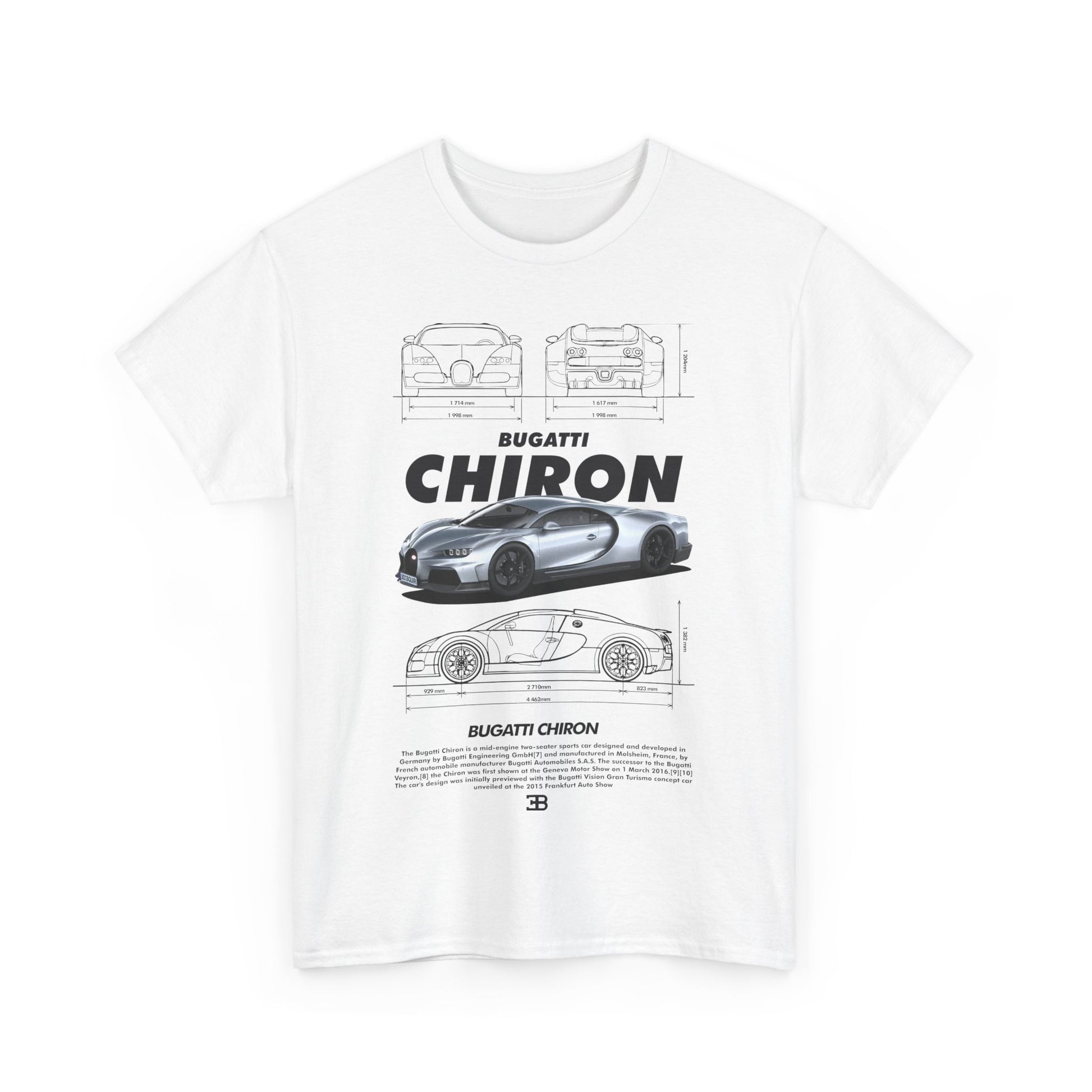 Exclusive Bugatti Chiron graphic men's t-shirt in white, showcasing intricate car designs and bold branding.
