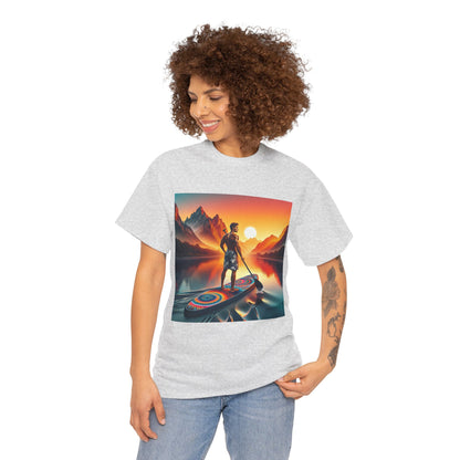 Sophisticated Serene Paddle Board T-Shirt that highlights the beauty of nature, designed for modern adventurers by Dazzling Dreams Studio.