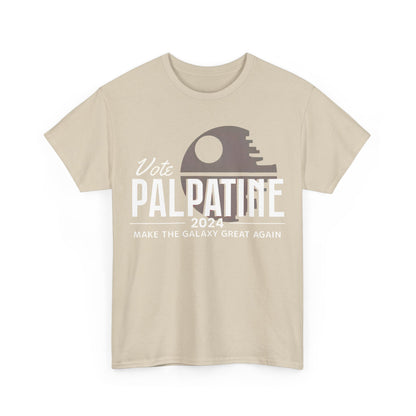 Vote Palpatine Star Wars Graphic T-Shirt in beige, featuring a sophisticated design with the Death Star silhouette and the phrase 'Make the Galaxy Great Again' for a chic, luxury look.