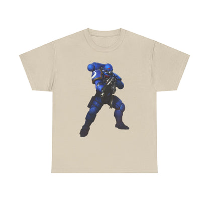 Luxurious beige graphic t-shirt featuring a striking blue armoured soldier design, ideal for showcasing individual style and playful humour. Perfect for casual outings.