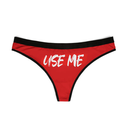 Stylish red women's g-string thong with a striking 'USE ME' print, perfect for romantic and humorous gifting.