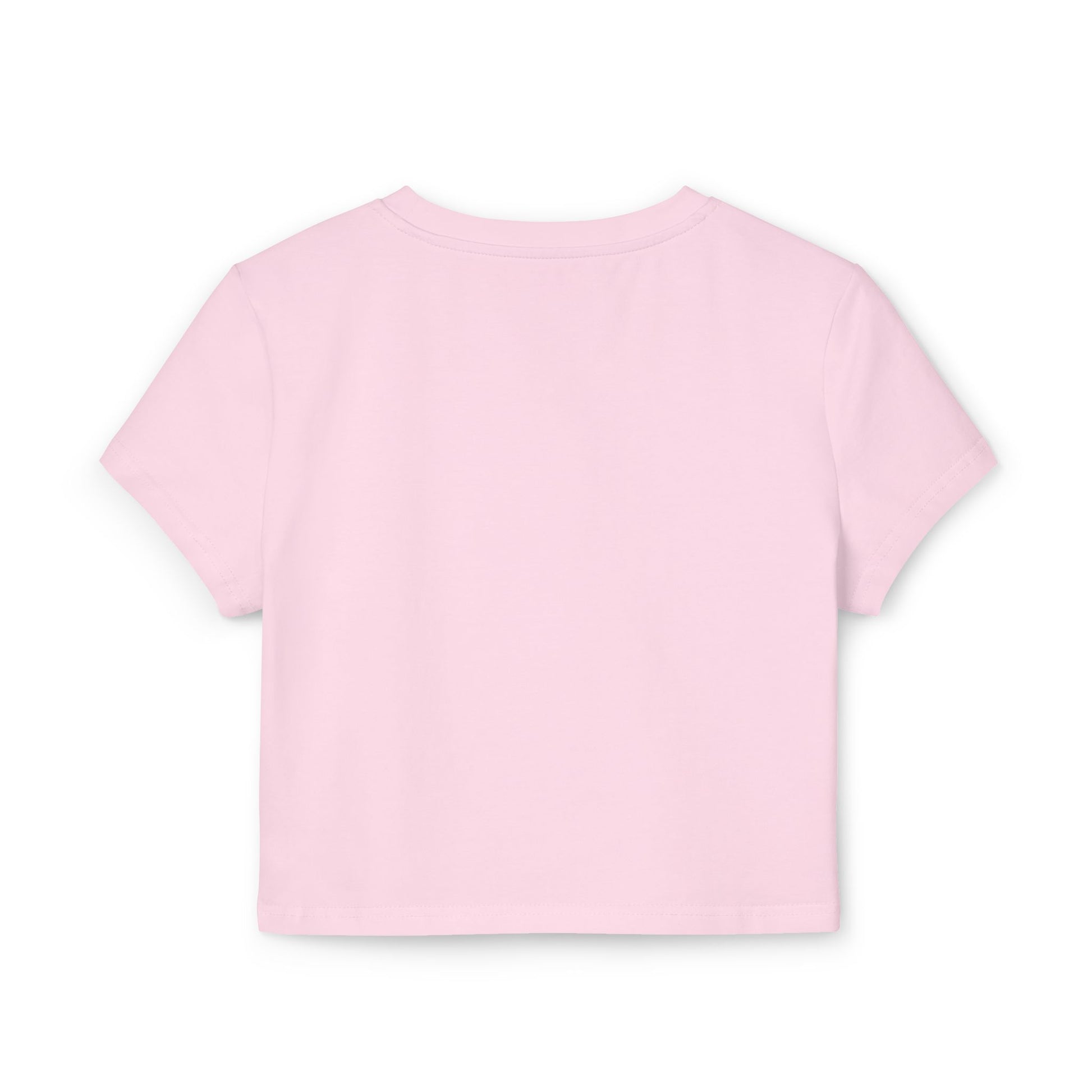 Back view of a chic women's cropped baby t-shirt in delicate pink, showcasing a minimalist design, perfect for layering or stand-alone fashion statements.