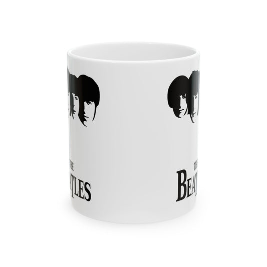 Elegant The Beatles Logo Image Ceramic Mug showcasing iconic band member silhouettes, ideal for coffee or tea aficionados, a statement piece for any collection.