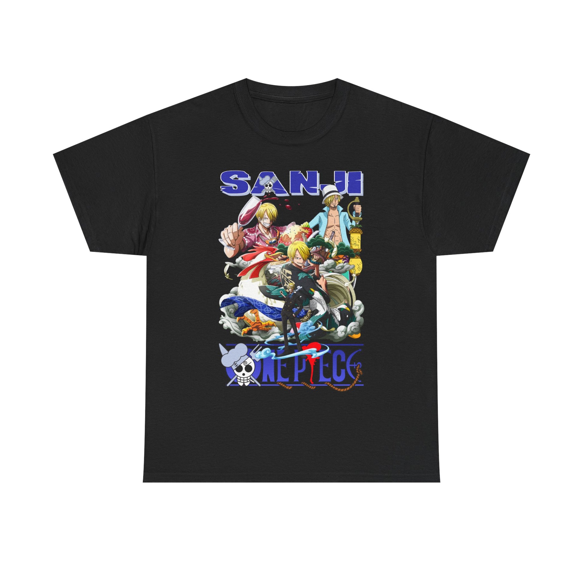 Chic Sanji Anime Graphic Tee in classic black, adorned with intricate designs of Sanji from One Piece. A refined choice for casual wear, merging comfort and style effortlessly.