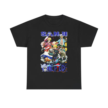 Chic Sanji Anime Graphic Tee in classic black, adorned with intricate designs of Sanji from One Piece. A refined choice for casual wear, merging comfort and style effortlessly.
