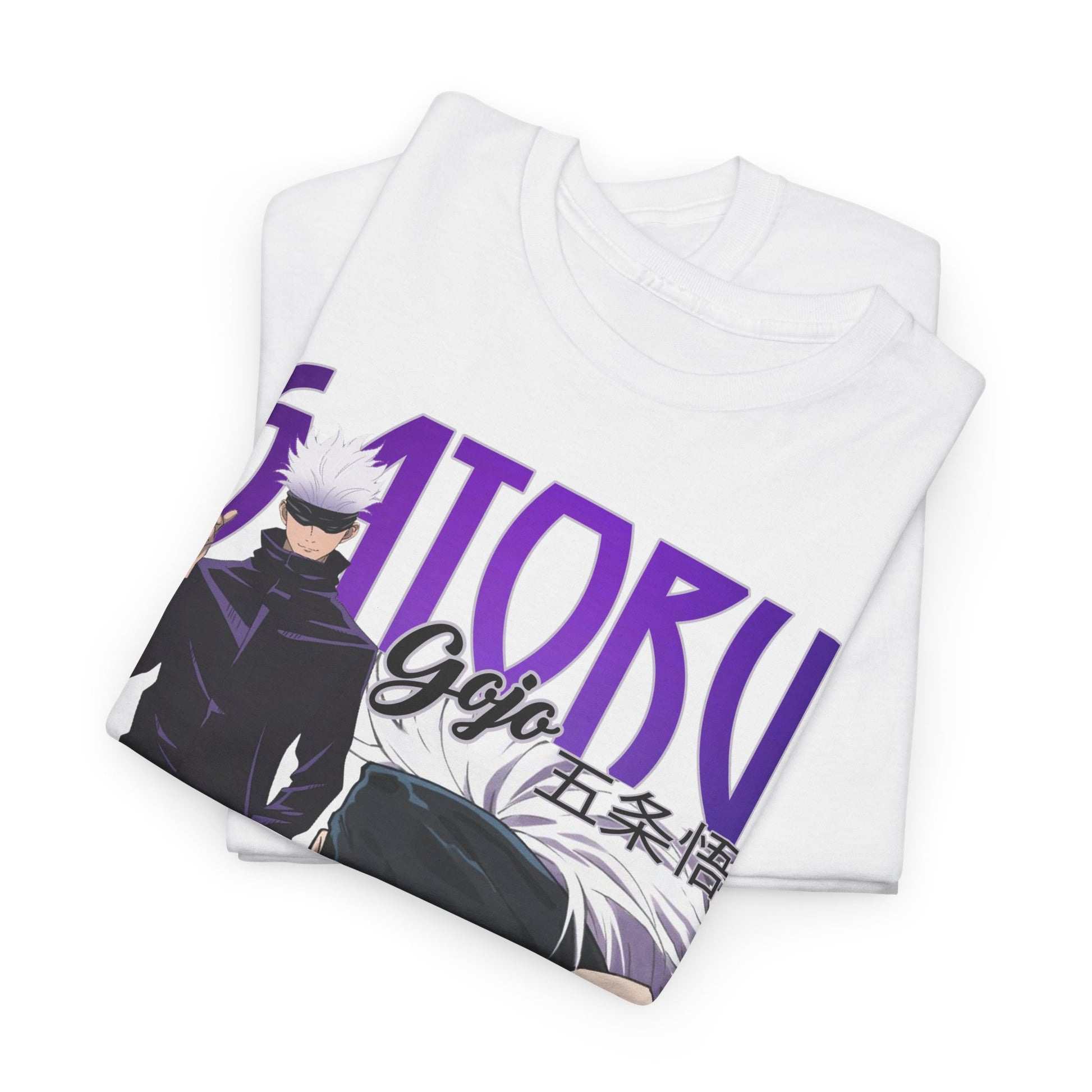 Luxury Gojo Satoru graphic T-shirt from Jujutsu Kaisen, beautifully folded, showcasing vibrant artwork in bold colours, perfect for anime enthusiasts.