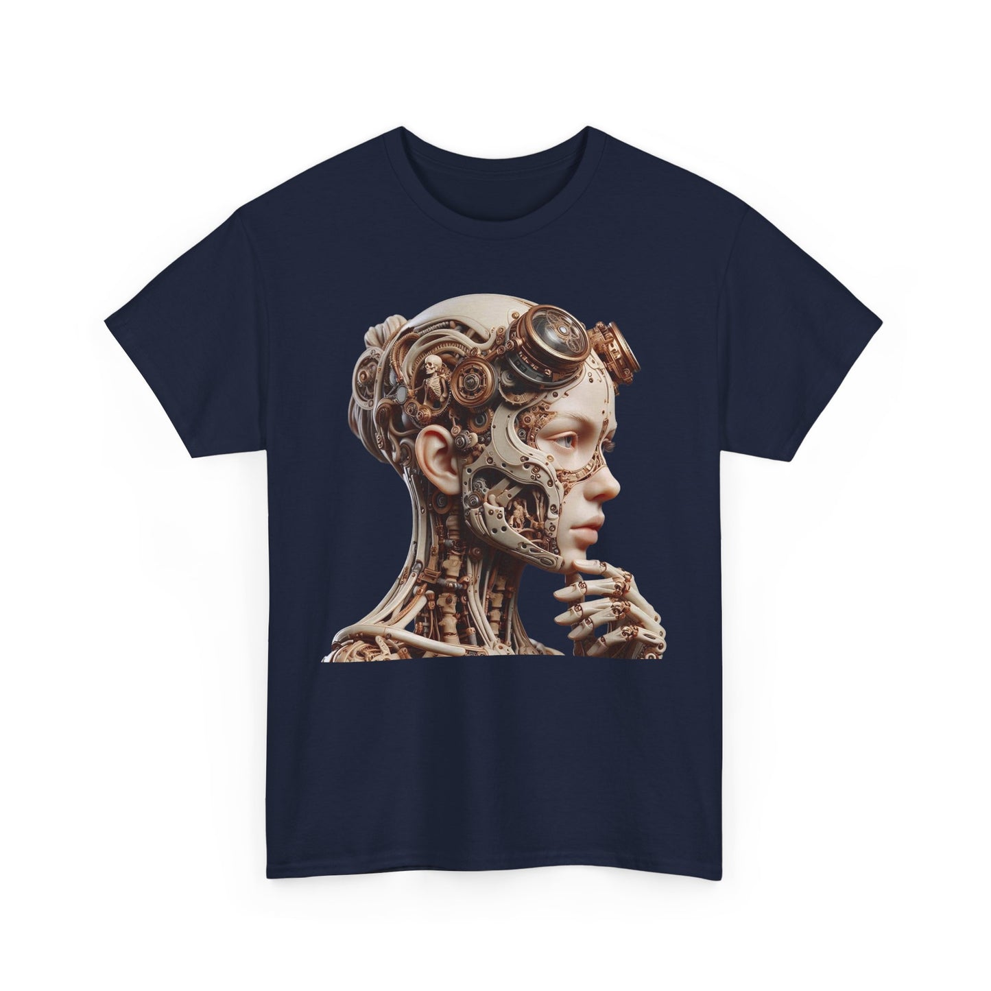 Stylish men's t-shirt in navy, adorned with a captivating intricate cyborg design, featuring sublime digital art of a robotic female figure.