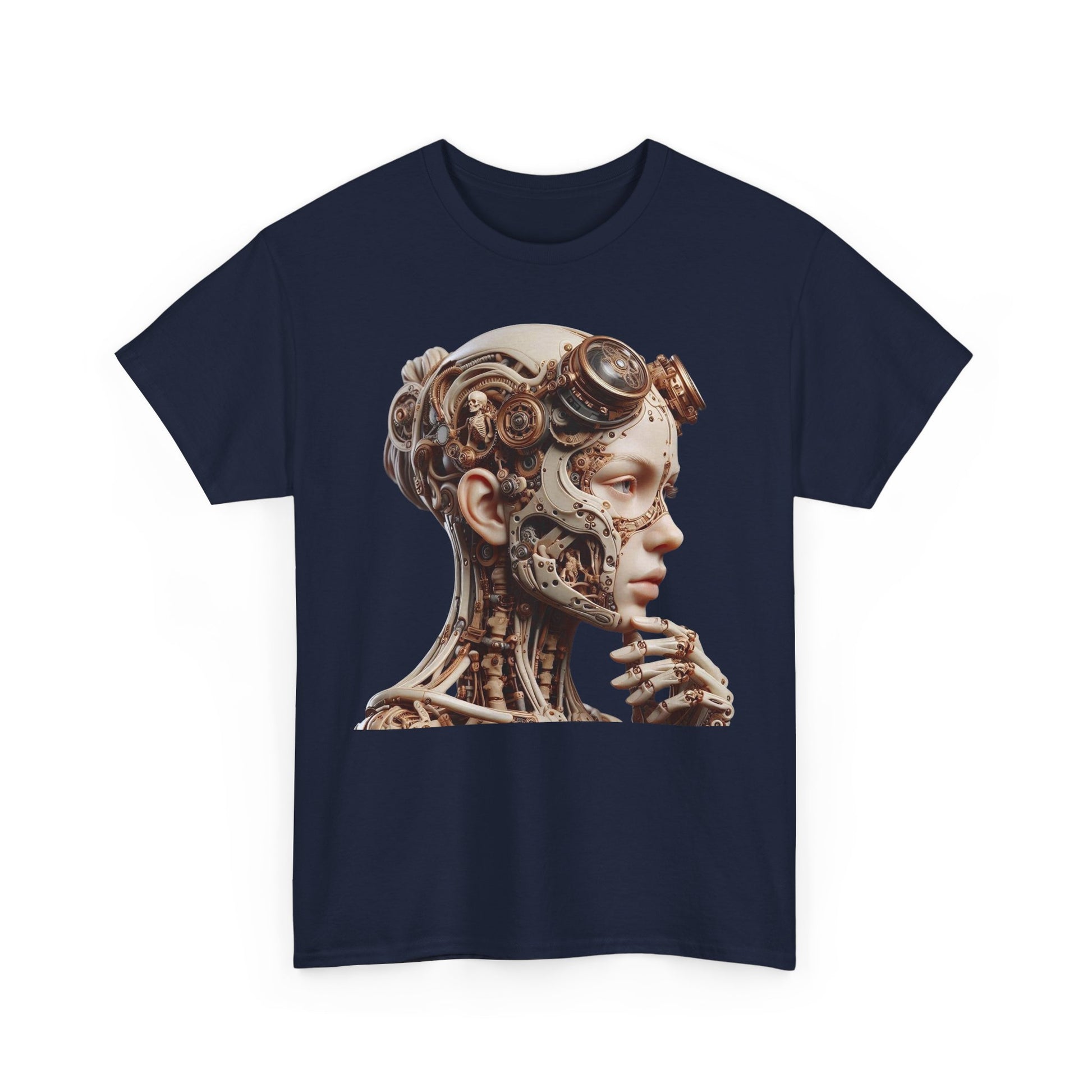 Stylish men's t-shirt in navy, adorned with a captivating intricate cyborg design, featuring sublime digital art of a robotic female figure.