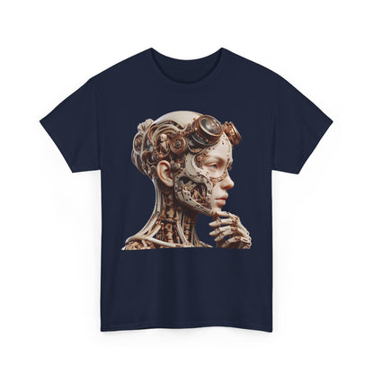 Stylish men's t-shirt in navy, adorned with a captivating intricate cyborg design, featuring sublime digital art of a robotic female figure.