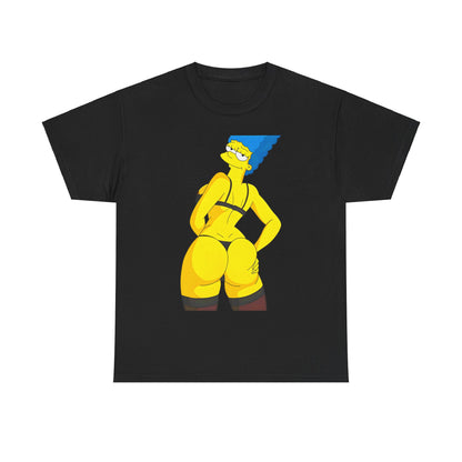 Luxurious Marge Simpson Curvaceous Charm Graphic Unisex Graphic Tee Shirt featuring a vibrant illustration of Marge Simpson in a stylish pose, showcasing her playful personality. This premium t-shirt, set against a chic black backdrop, epitomises elegance and fun for avid fans of The Simpsons.