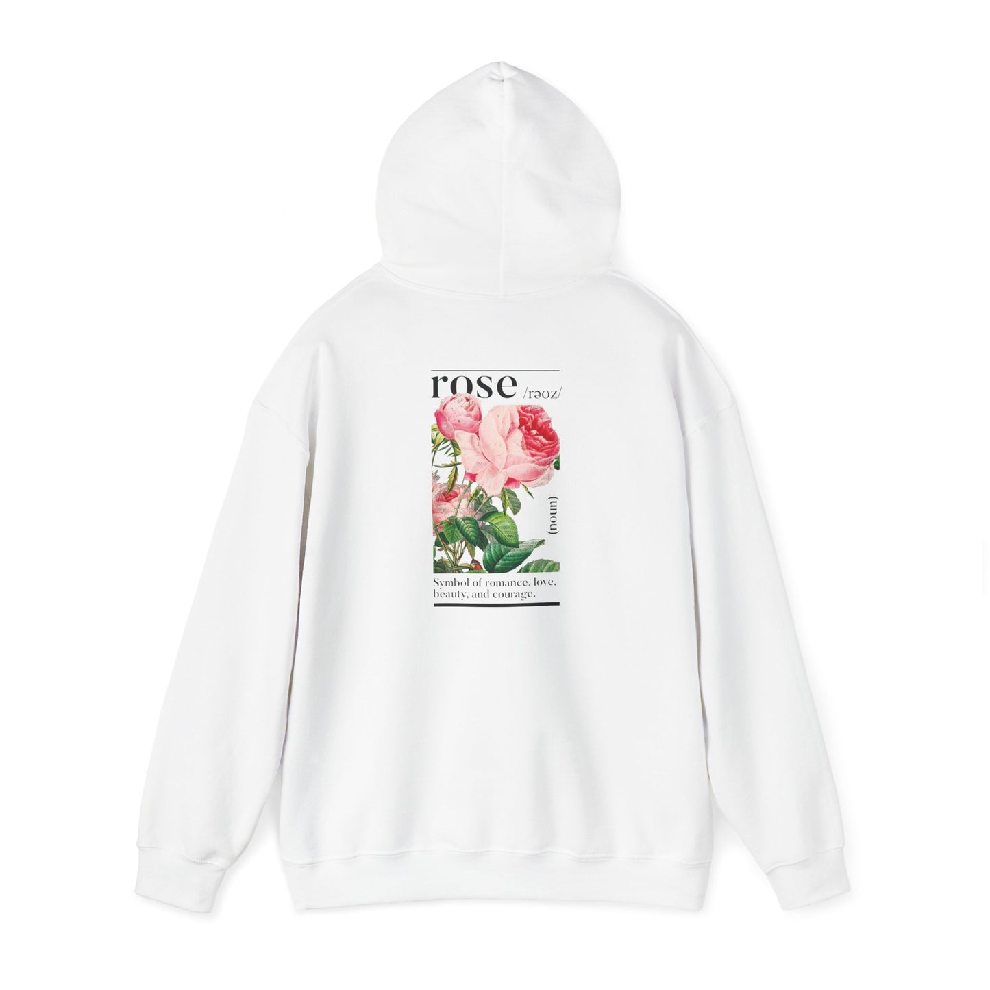 Artistic white hoodie featuring a vibrant botanical rose design on the back, highlighting elegance and romantic symbolism.