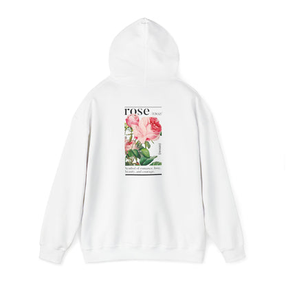Artistic white hoodie featuring a vibrant botanical rose design on the back, highlighting elegance and romantic symbolism.