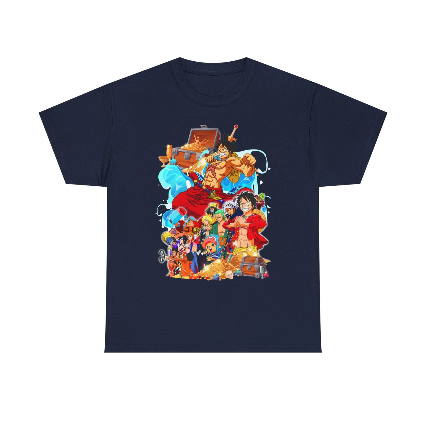 Elegant navy t-shirt adorned with a striking anime illustration depicting a gathering of beloved characters in a festive, adventurous scene, ideal for discerning fans.