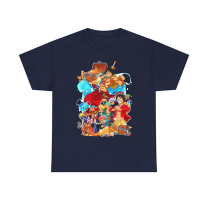 Elegant navy t-shirt adorned with a striking anime illustration depicting a gathering of beloved characters in a festive, adventurous scene, ideal for discerning fans.