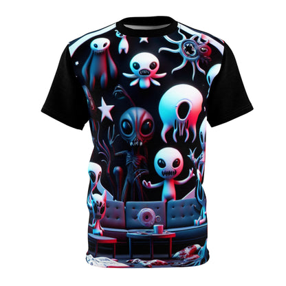 Chic Alien Creatures Tee featuring cartoonish alien designs with cute horror aesthetics on a luxurious black background by Dazzling Dreams Studio.