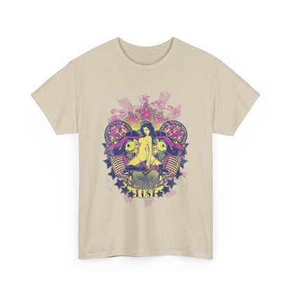 Stunning beige men’s t-shirt showcasing a bold graphic print of a stylized female figure with intricate mechanical elements, exuding a sense of rebellious luxury.