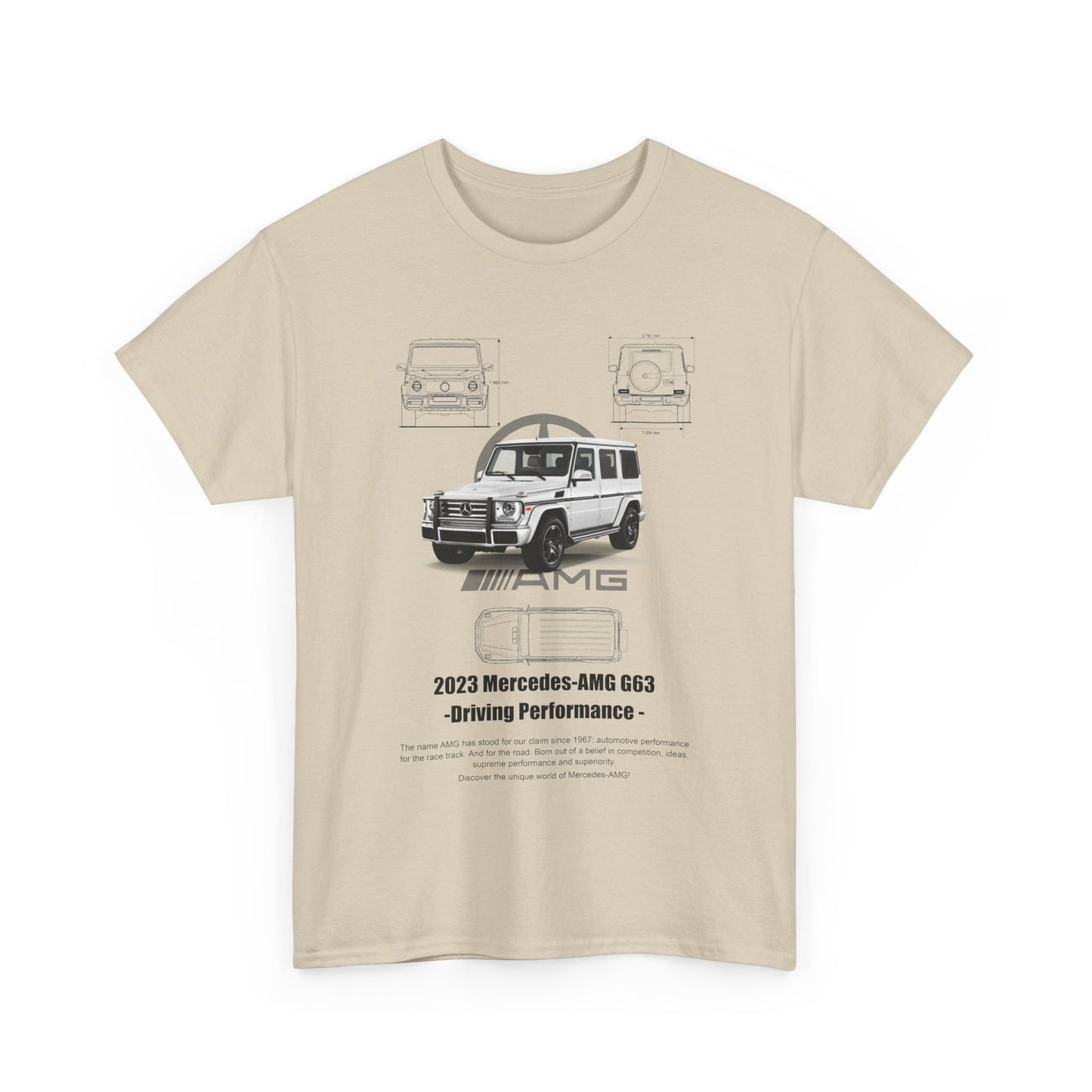 Front view of a beige men's t-shirt featuring a detailed print of the 2023 Mercedes-AMG G63, showcasing elegance and performance.