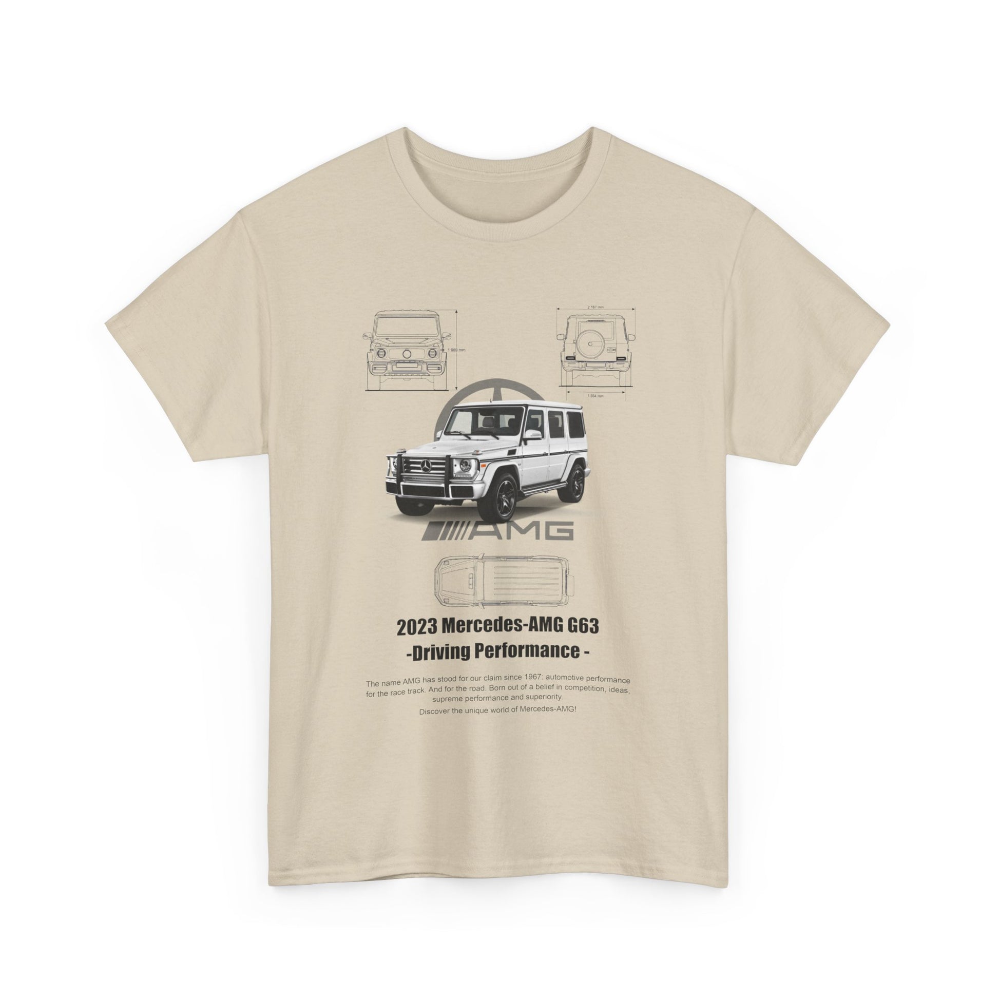 Front view of a beige men's t-shirt featuring a detailed print of the 2023 Mercedes-AMG G63, showcasing elegance and performance.