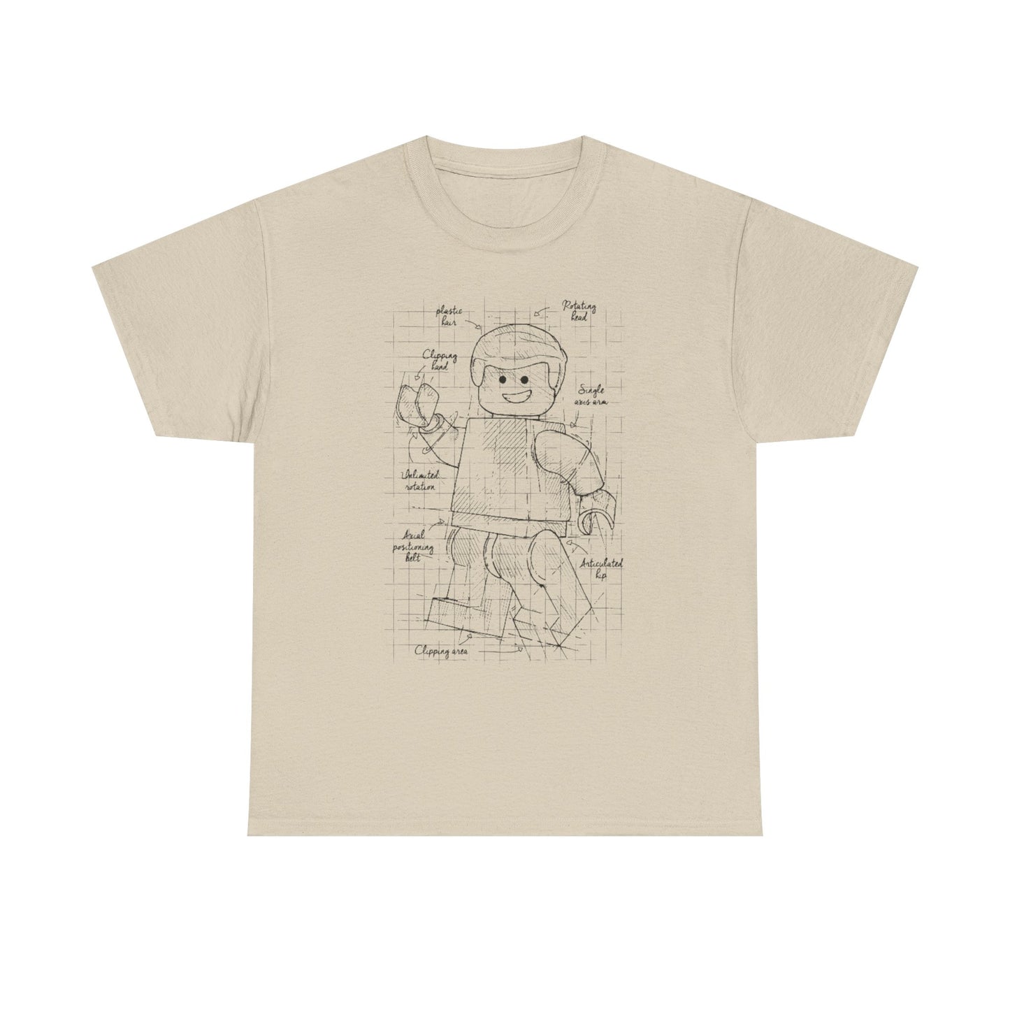 Refined beige men's t-shirt displaying a sophisticated blueprint design of an articulated Lego character, adorned with detailed notes and grids.