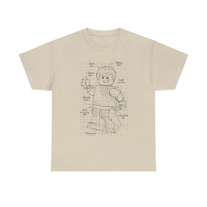 Refined beige men's t-shirt displaying a sophisticated blueprint design of an articulated Lego character, adorned with detailed notes and grids.
