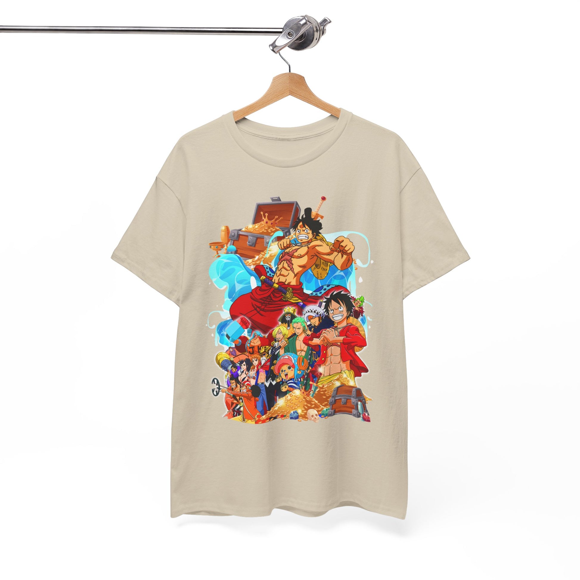 Stylish beige men's t-shirt featuring a vibrant illustration of iconic anime characters from One Piece, celebrating adventure and camaraderie.