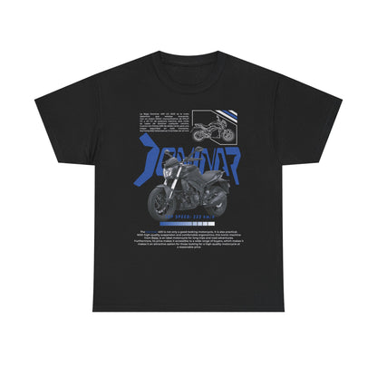 Elegant black Dominar 400 men's t-shirt showcasing a striking motorcycle design and detailed description of its capabilities, perfect for style-conscious riders.