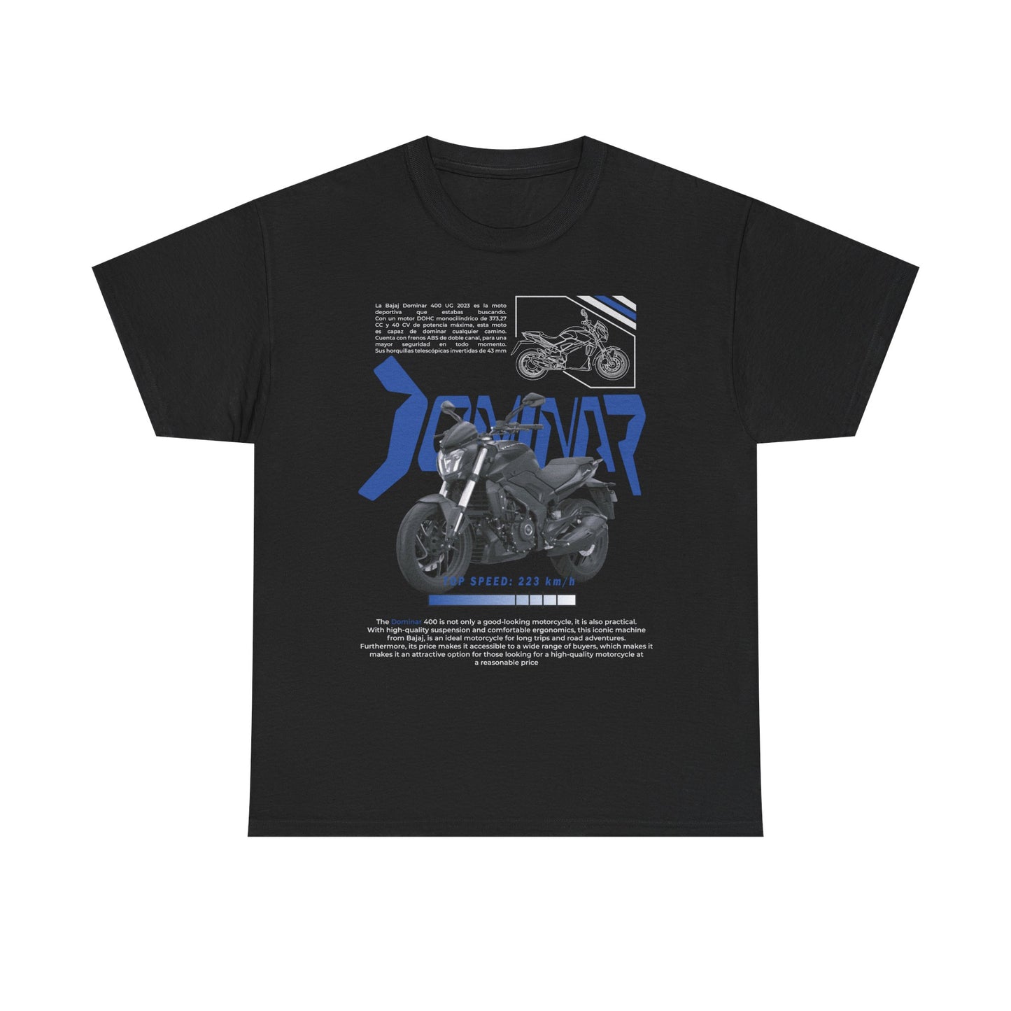 Dominar 400 men’s T-shirt in black featuring a bold motorcycle graphic and speed details, perfect for motorcycle enthusiasts.