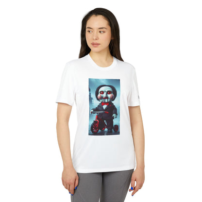 Adidas Unisex Halloween Jigsaw Cute T-shirt featuring an artistic design of the Jigsaw character, perfect for adding a chic touch to your Halloween wardrobe. Suitable for stylish festive occasions.