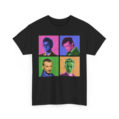 Warhol WHO's Unisex Mens Women's Graphic Funny T Shirt Tee Urban Street displaying a stylish arrangement of four colourful portrayals of Doctor Who, combining pop culture and art in a playful manner.