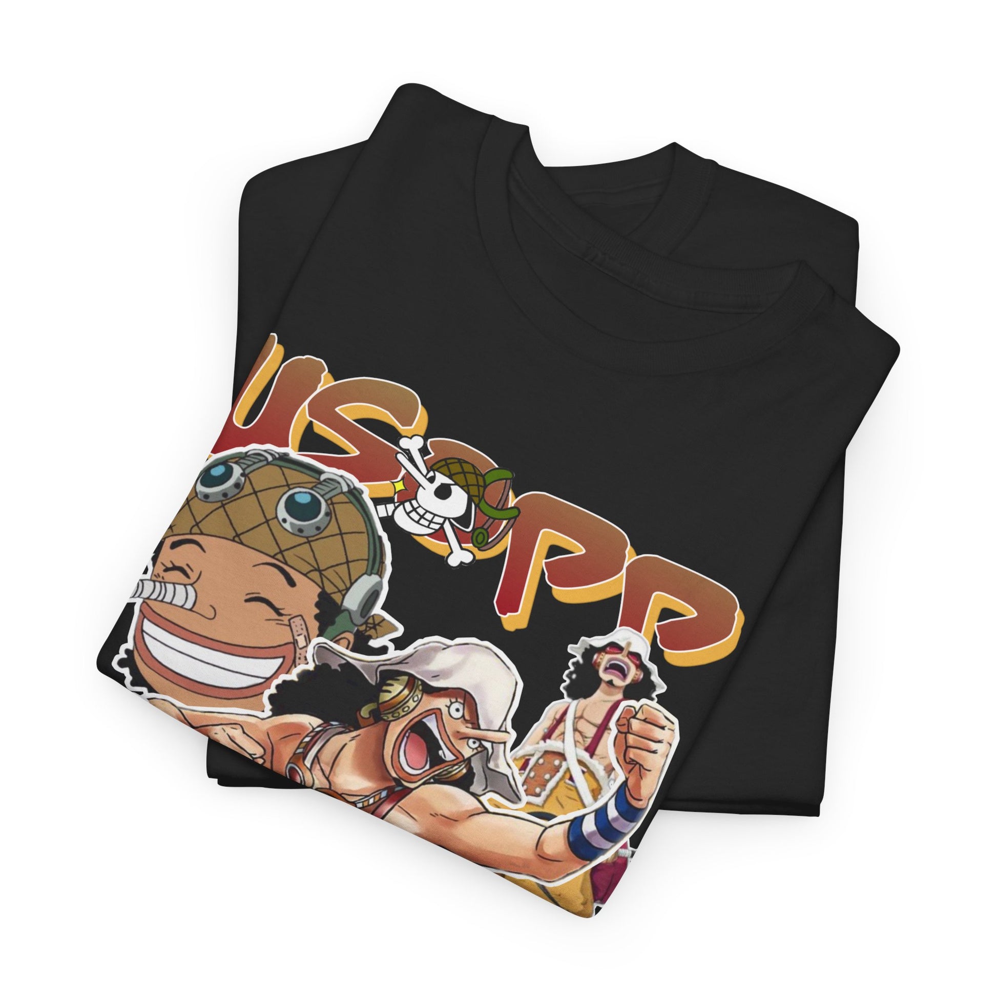 Stylish black Anime Manga T-shirt folded, displaying an intricate collage of Usopp and beloved characters, ideal for expressing fandom with elegance.