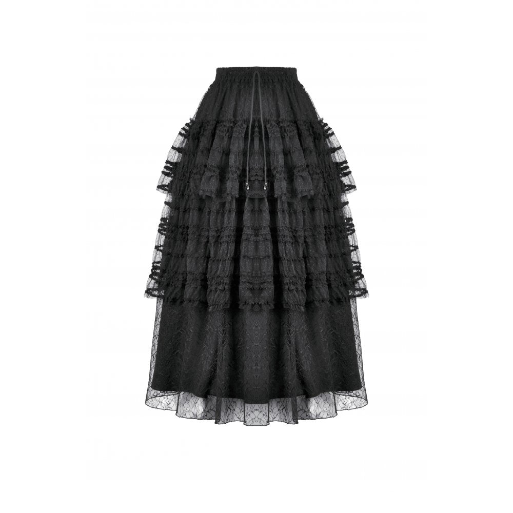 Flowy silhouette of the Morticia Velvet & Lace Tiered Skirt, demonstrating its voluminous shape that sways dramatically.