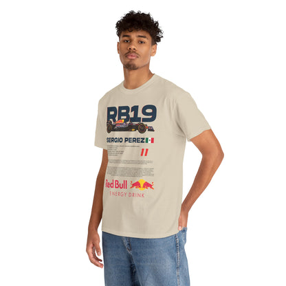 Trendy male model wearing the Red Bull RB19 F1 Racing Tee, displaying the vibrant Sergio Perez design, perfect for motorsport enthusiasts.
