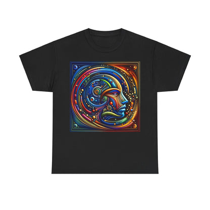 Stained Glass Dreams Unisex T-Shirt featuring a vibrant and intricate graphic design of a human face, blending abstract artistry and mechanical elements with rich colours, embodying elegance and creativity.