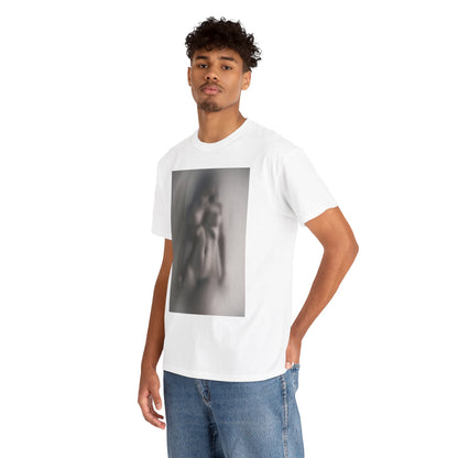 Stylish male model showcasing a white cotton t-shirt with a unique blurred graphic print of a nude figure, embodying modern art and playful elegance.