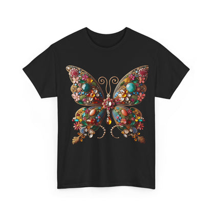 Enchanting Butterfly Brooch Unisex T Shirt Graphic Tee displaying a striking butterfly design with intricate gemstones, set on a chic black shirt.