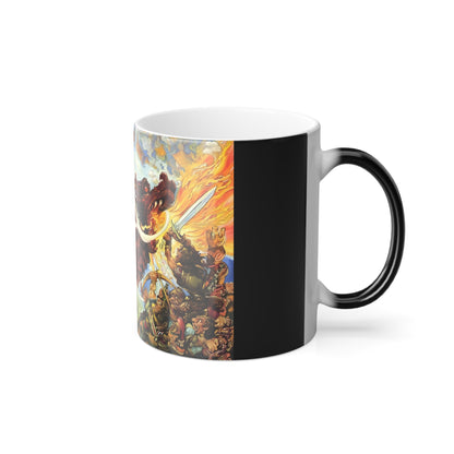 Close-up of the Discworld Guards Guards Heat Change Mug displaying the enchanting artwork, demonstrating its dual-tone design that transforms with heat.