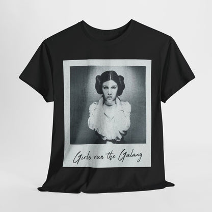 Black Star Wars Princess Leia graphic t-shirt featuring the powerful message 'Girls run the Galaxy', designed for luxury and comfort.